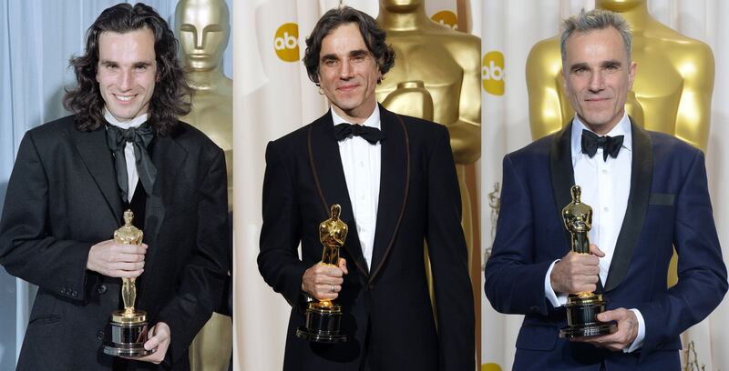 Triple Oscar winner: Daniel Day-Lewis with his Academy Awards. Photographs: Scott Flynn/Robyn Beck/Joe Klamar/AFP/Getty