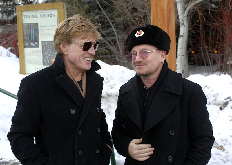 President and Founder of Sundance Institute Robert Redford and Bono of U2 during the 2008 Sundance Film Festival at the Sundance Resort on January 19th, 2008 in Park City, Utah.  Photograph: Fred Hayes/WireImage