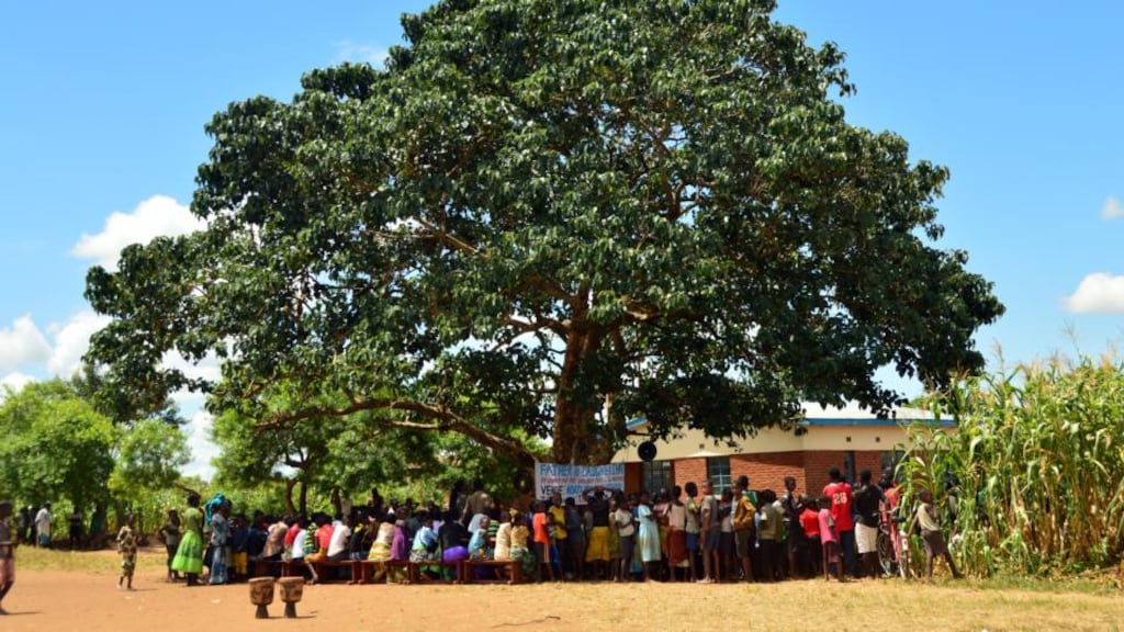 A Fathers and Daughters’ ‘chat day’ taking place under a large baobab tree, used for community events, in Chiradzulu district, Malawi. Photograph: Didem Tali