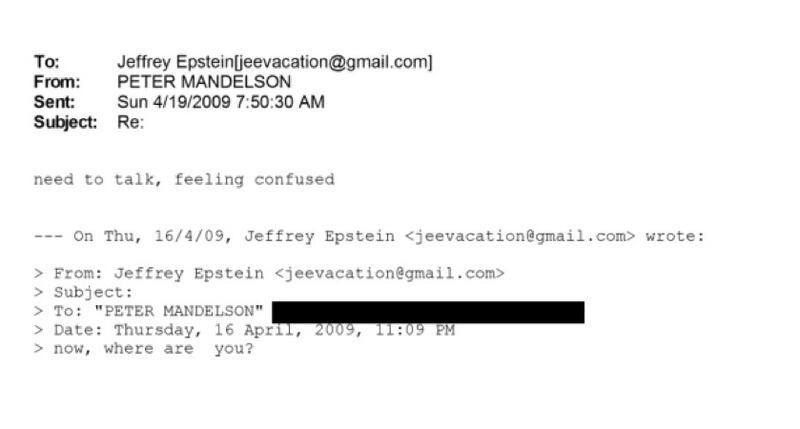 Correspondence between Peter Mandelson and Jeffrey Epstein. 