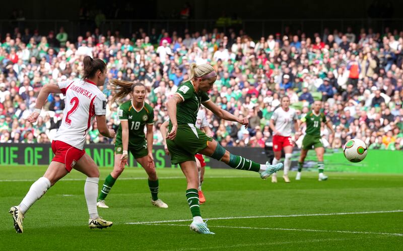 Denise O'Sullivan attempts a shot on goal against Poland. Photograph: Brian Lawless/PA
