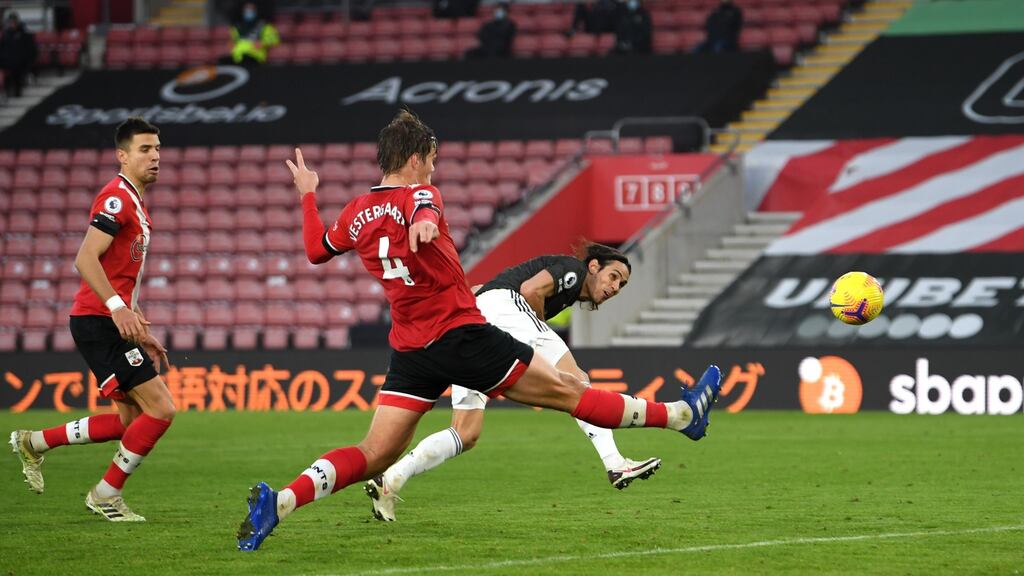 Edison Cavani stoops to score Manchester United’s winner against Southampton. Photograph: Mike Hewitt/Getty