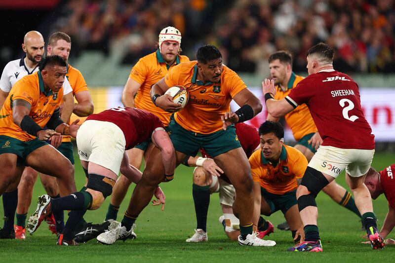 Australia secondrow Will Skelton runs at Dan Sheehan during the second Test. Photograph: Morgan Hancock/Getty Images