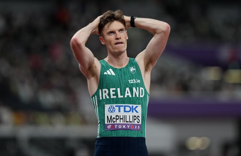 Ireland's Cian McPhillips reacts after finishing fourth in the 800m final. Photograph: Martin Rickett/PA Wire