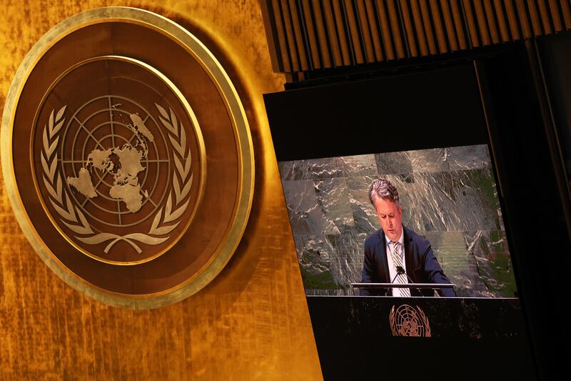 Sergiy Kyslytsya speaks out against Russia's invasion of Ukraine at the United Nations' headquarters in February 2022. Photograph: Michael M Santiago/Getty