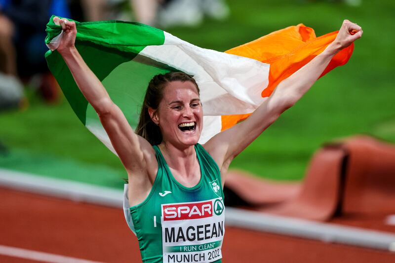 Ireland’s Ciara Mageean celebrates after finishing second in the 2022 European Championships 1,500m final in Munich. Photograph: Morgan Treacy/Inpho