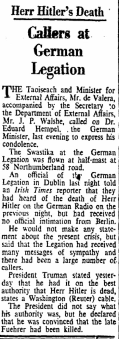 The Irish Times report of taoiseach Éamon de Valera's visit to the German legation on May 2nd, 1945, following the death of Adolf Hitler.