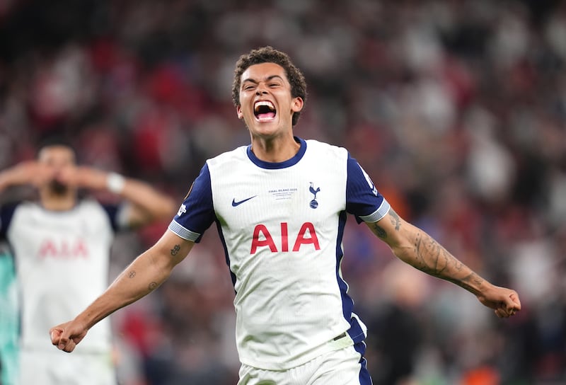 Tottenham Hotspur's Brennan Johnson celebrates. Photograph: Adam Davy/PA