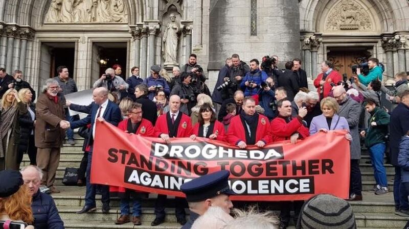 Protesters during a rally in Drogheda, Co Louth on Saturday in opposition to drug-related violence in the town. Photograph: Patrick Logue/The Irish Times