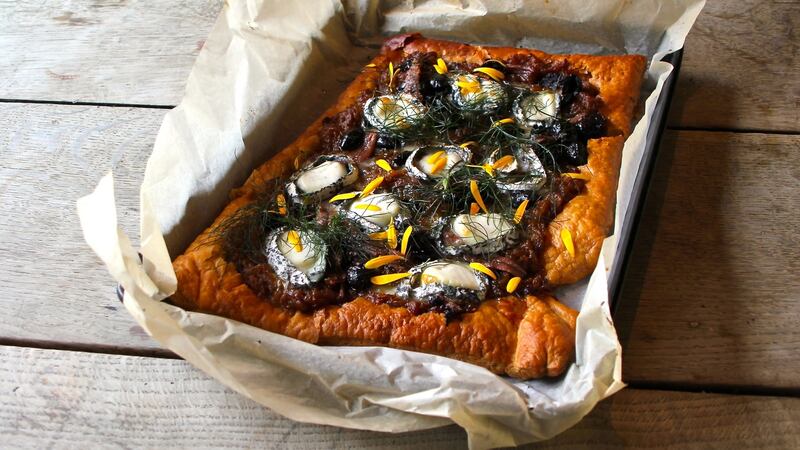 Pissaladière with pickled walnuts.