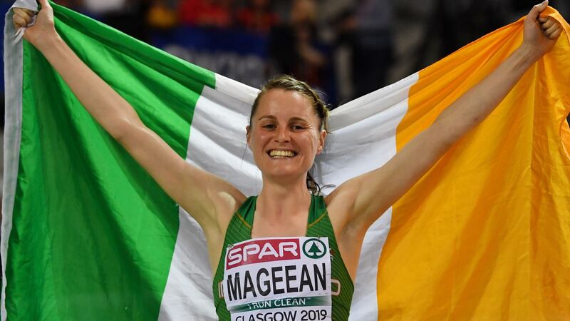 Ireland’s Ciara Mageean celebrates claiming a  silver medal  in the women’s 1500m final at the 2019 European Athletics Indoor Championships in Glasgow in 2019. Photograph: Ben Stansall/AFP/Getty
