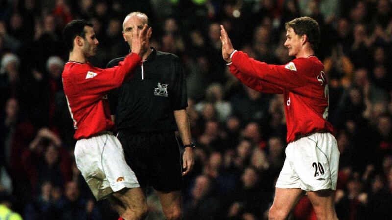 Ryan Giggs with Ole Gunnar Solskjaer in December 2000 - Giggs has backed the Norwegian for the Old Trafford job. Photograph: Clive Brunskill/Allsport