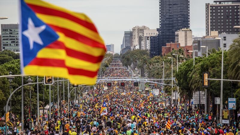 A large number of protesters march along la Diagonal during a demonstration in Barcelona. Photograph: Angel Garcia/Bloomberg
