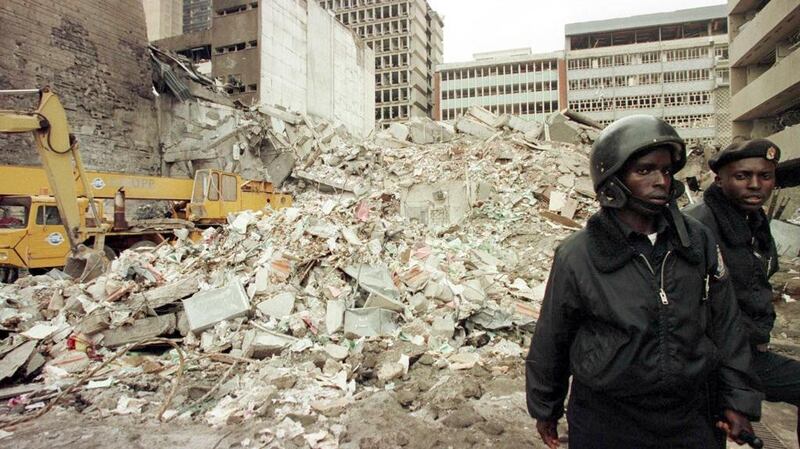 Kenyan security guards at the scene of the terror attack on the US embassy in Nairobi in August 1998, in which more than 200 were killed.  Photograph: Alexander Joe/AFP via Getty Images
