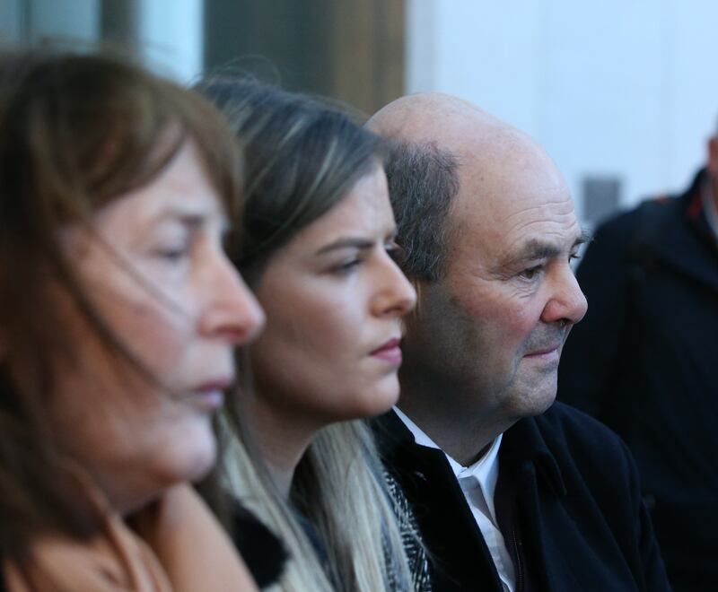 Ashling Murphy's mother Kathleen, sister Amy and father Raymond outside The Criminal Courts of Justice on Thursday after the verdict was announced. Photograph: Collins Courts