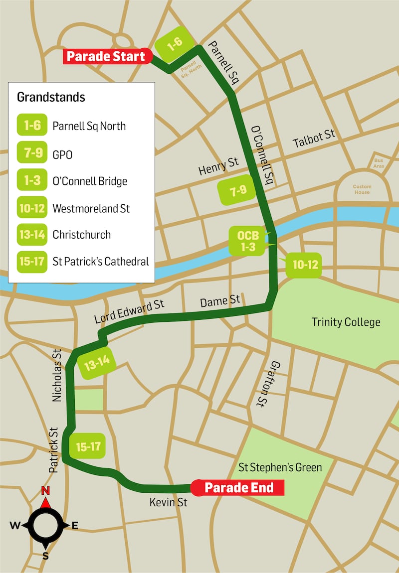 St Patrick's Day parade route Dublin 2024. Map: Paul Scott