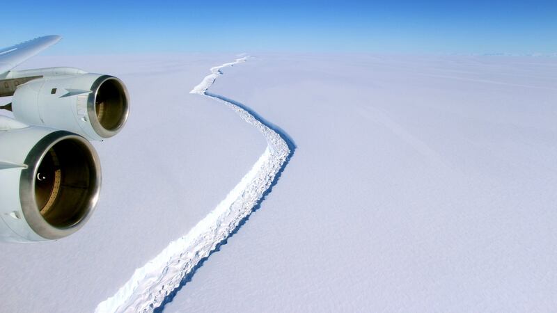 Aerial view massive rift in the Antarctic Peninsula’s Larsen C ice shelf, Antarctica on November 10th,  2016. Photograph: John Sonntag/EPA/Nasa