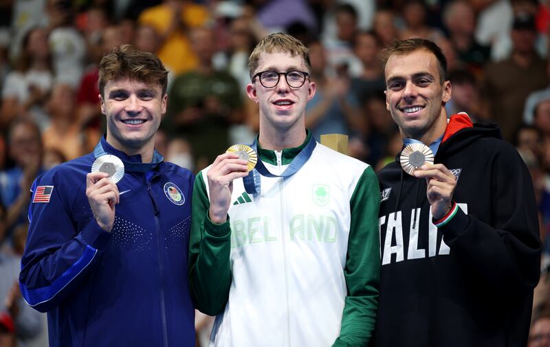 Daniel Wiffen, Bobby Finke and Gregorio Paltrinieri. Photograph: Adam Pretty/Getty