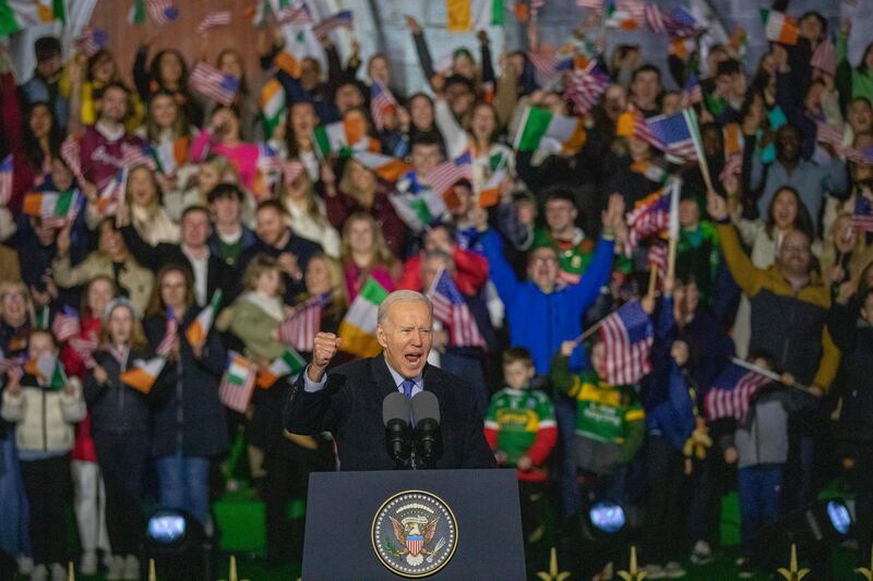 Joe Biden delivers a speech outside St Muiredach's Cathedral in Ballina, Co Mayo. Photograph: Tom Honan