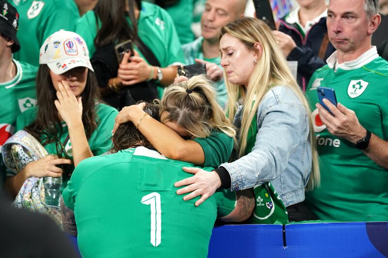 Ireland's Andrew Porter is consoled after Ireland's defeat to New Zealand at the Rugby World Cup. Photograph: Adam Davy/PA Wire.

