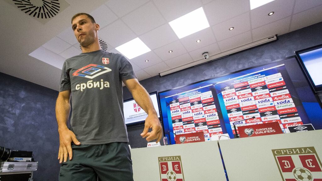 Serbian captain Branislav Ivanovic at a press conference in Stara Pazova yesterday. Photograph: Ryan Byrne/Inpho