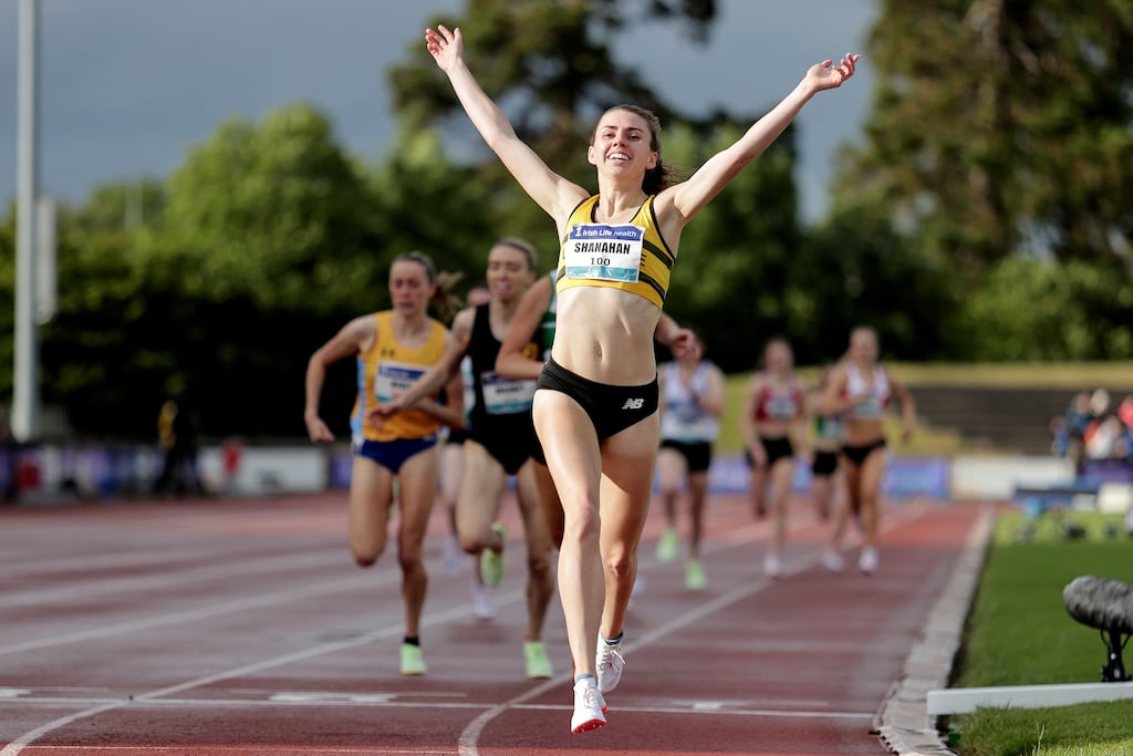 Louise Shanahan celebrates winning this year's national 800m title. Photograph: Laszlo Geczo/Inpho
