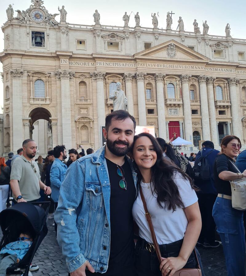 Newly-weds Guilherme and Giovanna Markese from Sao Paolo, Brazil, in St Peter's Square tonight. Photograph: Patsy McGarry