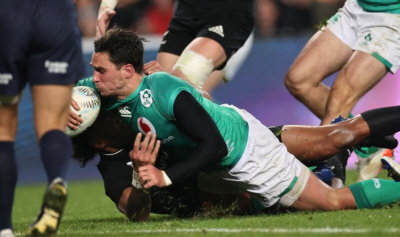 Ireland’s Joey Carbery misses out on a try. File photograph: Billy Stickland/Inpho