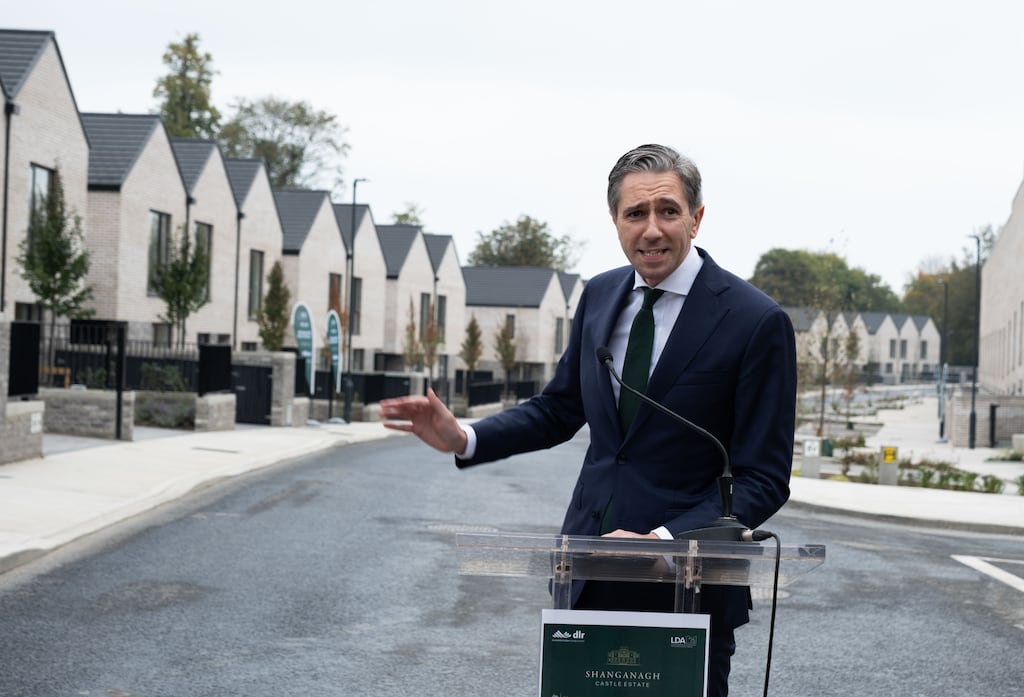Taoiseach Simon Harris at the launch of the Shanganagh Castle Estate development last month: the Government is due to review its housing targets. Photograph: Alan Rowlette/RollingNews.ie