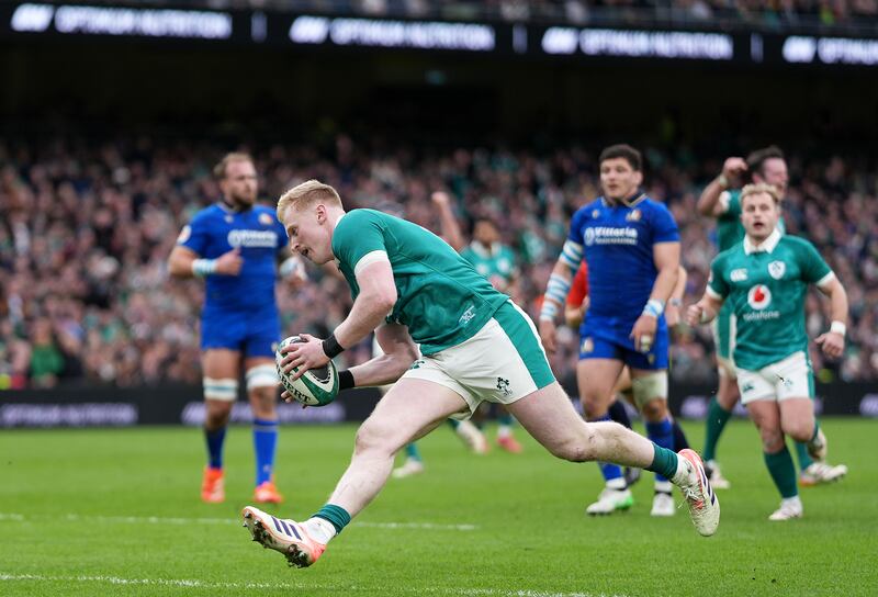 Jamie Osborne scoring a try in the Six Nations game against Italy. Photograph: Niall Carson/PA Wire