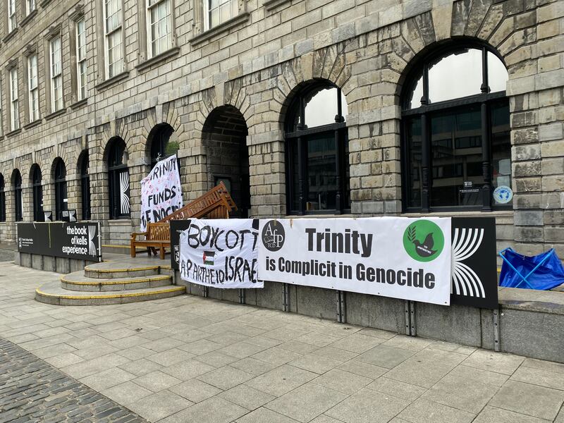 The entrance to the Book of Kells at Trinity College Dublin blockaded on Saturday morning. Photograph: Fiachra Gallagher