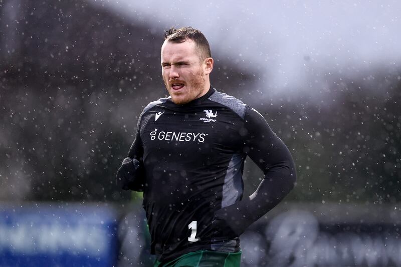 Connacht's Peter Dooley during the warm-up ahead of the clash with Munster. Photograph: Ben Brady/Inpho