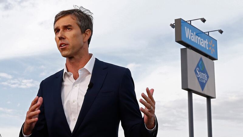 Democratic presidential candidate Beto O’Rourke at the scene of a mass shooting at a Walmart in El Paso, Texas. Photograph: Larry W Smith/EPA