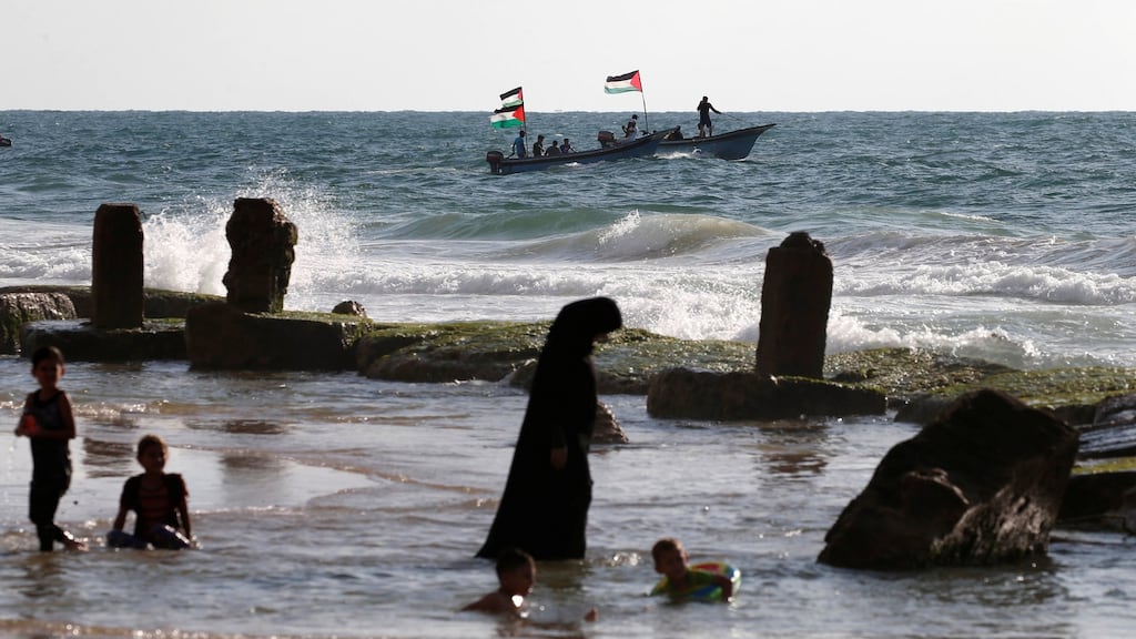 Palestinians in boats in the sea at Gaza during a protest against the Israeli blockade on August 18th. Photograph: Mohammed Salem/Reuters