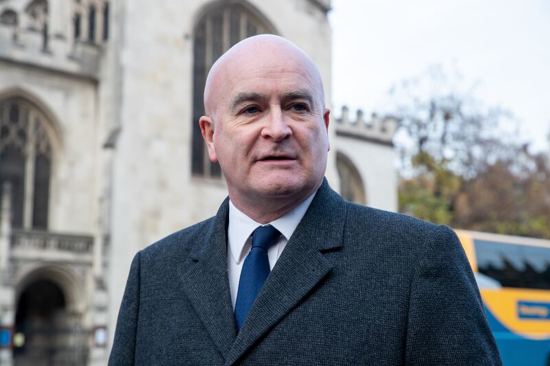 RMT general secretary Mick Lynch, speaks to the media outside the Houses of Parliament in London on Friday. Photograph: Lucy North/PA