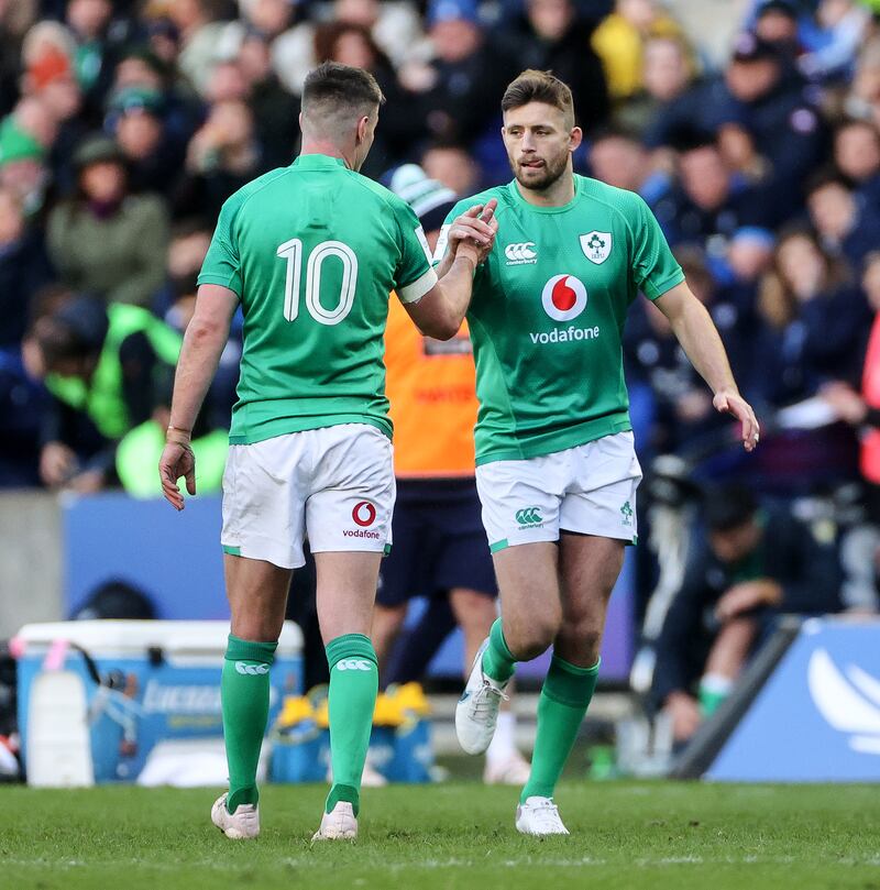 Ross Byrne is introuduced for Johnny Sexton during the win over Scotland at Murrayfield. At 28 Byrne's time has come for both Leinster and Ireland following Sexton's long stint as top outhalf. Photograph: James Crombie/Inpho