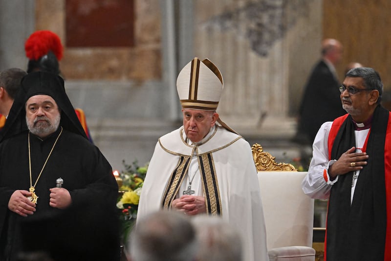 Pope Francis presides over a mass for the Solemnity of the Conversion of St Paul. Photograph: Filippo Monteforte/AFP/Getty Images