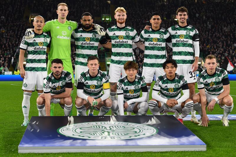 Liam Scales (back row, third from right), has lined out for Celtic this season in the Champions League. Photograph: Andy Buchanan/AFP via Getty Images 