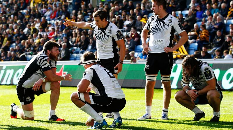 Zebre Rugby players looks dejected after Wasps score their 11th try during the  European Rugby Champions Cup Pool Two at Ricoh Arena in Coventry. Photograph: Peter Cziborra/Action Images via Reuters/Livepic