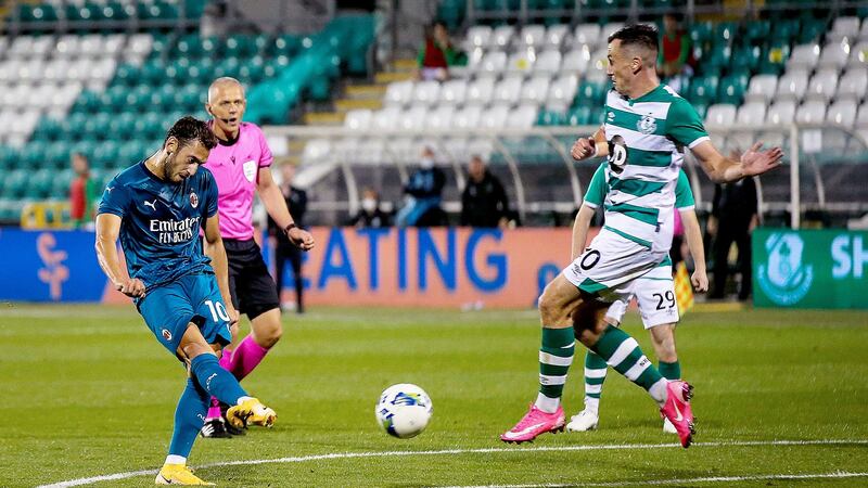 Hakan Calhanoglu scores Shamrock Rovers’ second goal  in the Europa League second qualifying round game at Tallaght Stadium. Photograph: Tommy Dickson/Inpho