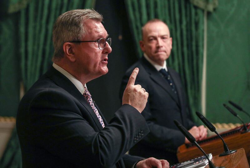 DUP leader Jeffrey Donaldson and the UK's Northern Ireland Secretary Chris Heaton-Harris at a press conference at Hillsborough Castle this week. Photograph: Paul Faith/AFP via Getty 
