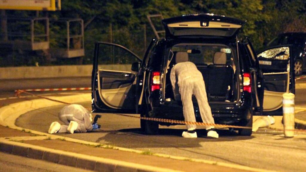 French forensic experts examining a car after the attack in which Helene Pastor – regarded as one of the world’s richest women – was shot. Photograph: Jean François/EPA