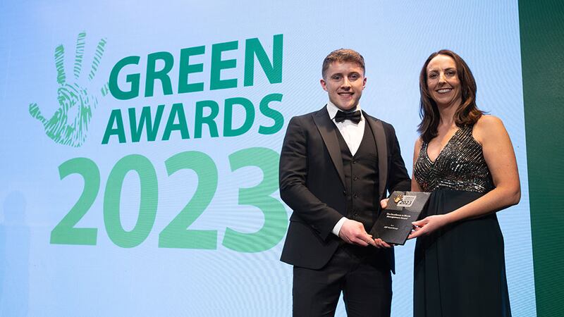 Eimear Christian, head of sustainability and innovation, Uisce Éireann, presents the Excellence in Waste Management Award to Simon Callanan, ABP Food Group.