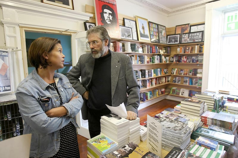 Sinn Fein President Mary Lou McDonald and former party President Gerry Adams in the Sinn Féin shop in Dublin. Photograph: PA