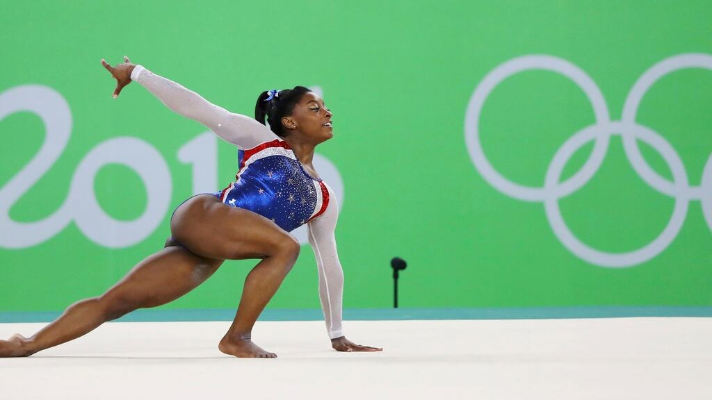 Simone Biles of USA competes on the floor during the women’s individual all-around final. Photograph: Reuters
