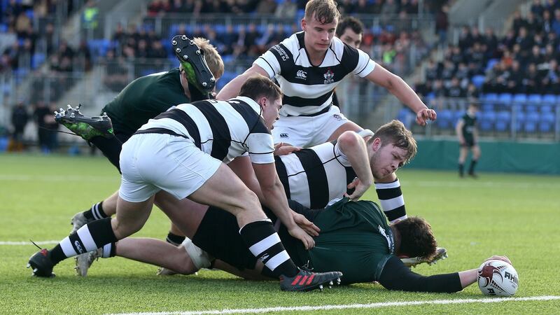 Bank of Ireland Leinster Schools Senior Cup Second Round, Donnybrook, Dublin 19/2/2018Belvedere College vs Newbridge CollegeNewbridge College’s Luke Rigney falls just short of the lineMandatory Credit ©INPHO/Oisin Keniry