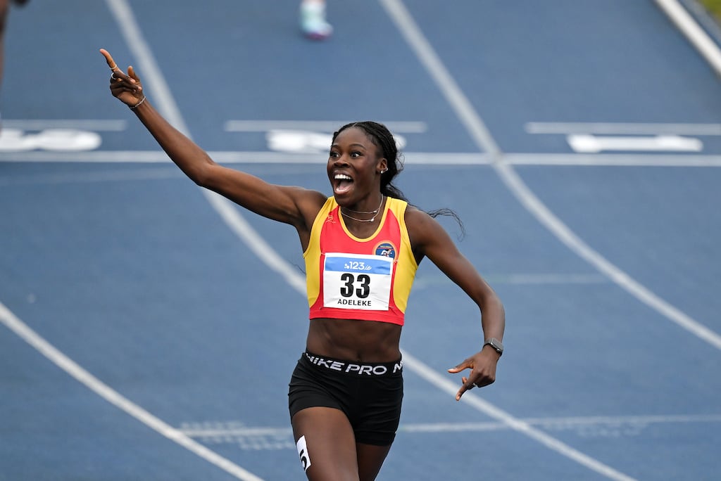 Rhasidat Adeleke of Tallaght AC celebrates winning the 200m final and running a European qualifying time during day one of the 123.ie National Senior Track & Field Championships at Morton Stadium in Dublin. Photograph: Mark Kavanagh/Sportsfile