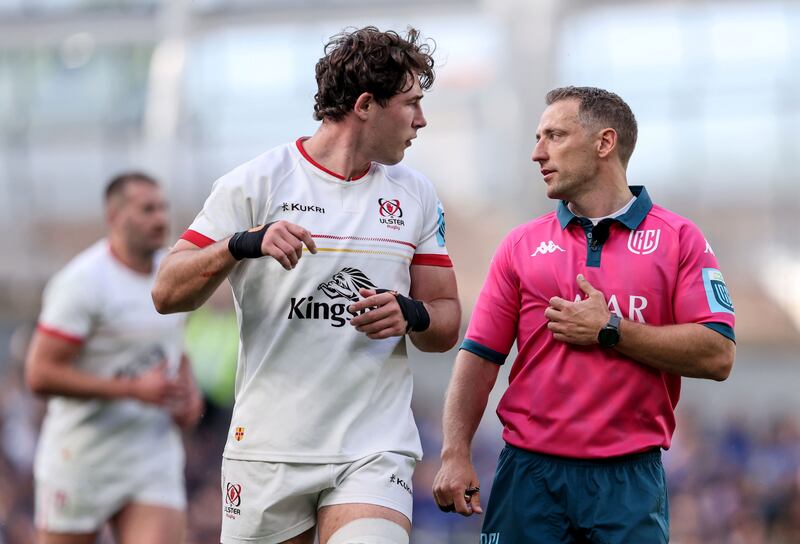 Ulster's David McCann speaks to referee Andrew Brace during Leinster vs Ulster at the Aviva Stadium. Photograph: Dan Sheridan/Inpho
