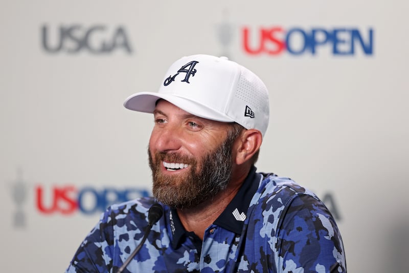 OAKMONT, PENNSYLVANIA - JUNE 09: Dustin Johnson of the United States speaks to the media during a practice round prior to the 125th U.S. OPEN at Oakmont Country Club on June 09, 2025 in Oakmont, Pennsylvania. (Photo by Andy Lyons/Getty Images)