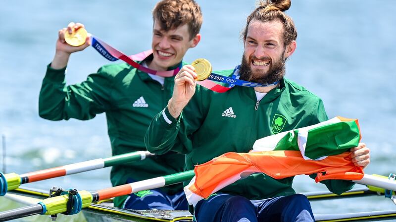Fintan McCarthy and Paul O’Donovan with their gold medals after winning the Lightweight Men’s Double Sculls Final  at  Sea Forest Waterway in  Tokyo. Photograph: Steve McArthur/Inpho/Photosport